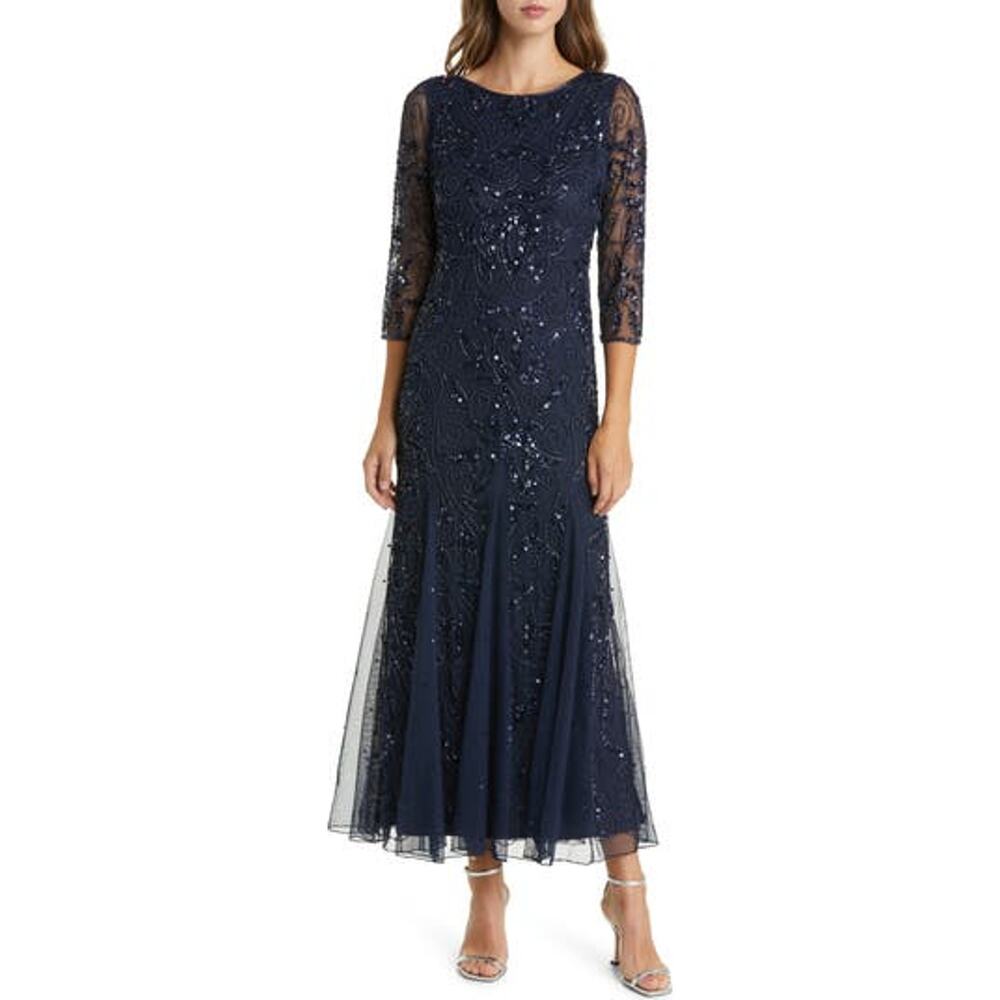 Pisarro Nights 'Illusion' Blue Jewel Neck Three Quarter Sleeve Beaded A-Line